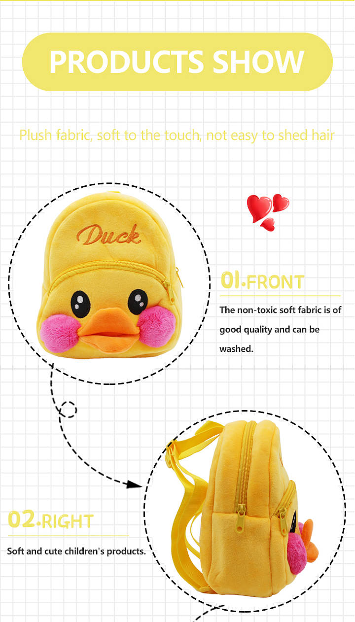 Duck Kids Small School Bag Soft Plush Backpacks Cartoon Boy Girl Baby for 1-3 Years