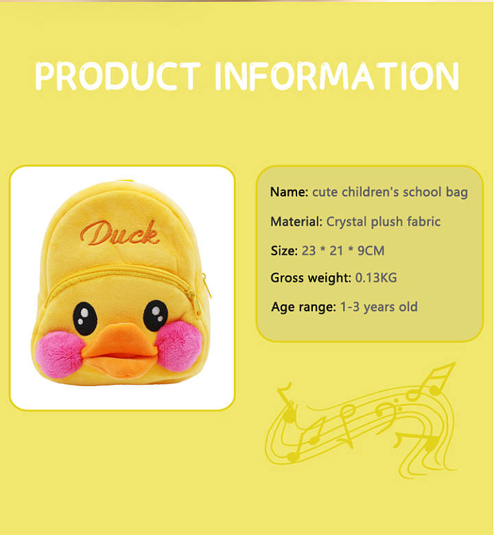 Duck Kids Small School Bag Soft Plush Backpacks Cartoon Boy Girl Baby for 1-3 Years