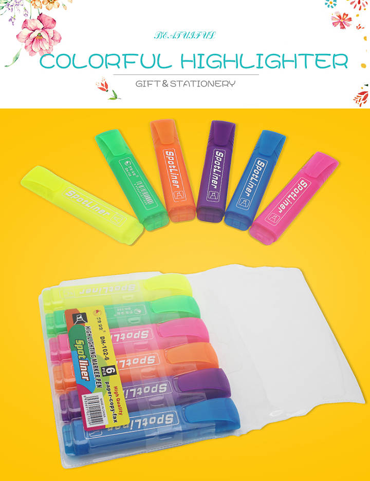 Pack of 6 Hi-lighter Easily Applicable Highlighters School Office Stationery for 3Y+